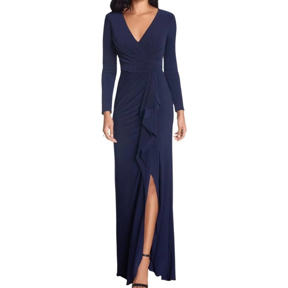Betsy and Adam Long Sleeve Jersey V Neck Ruched Gown